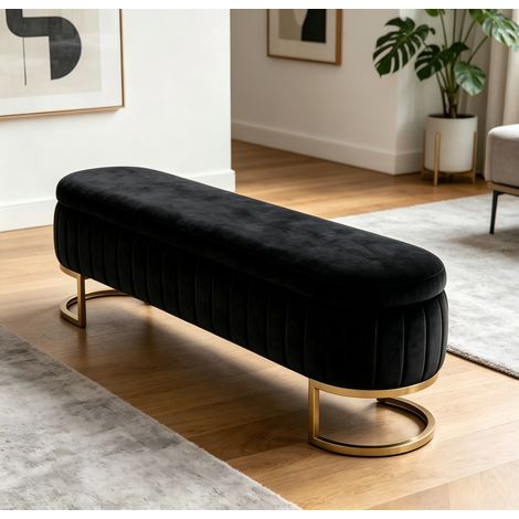 Banquette de lit en velours avec espace de rangement 130 cm - Pieds en métal doré - Banquette-coffre rembourrée pour chambre, couloir ou salon (1/5)