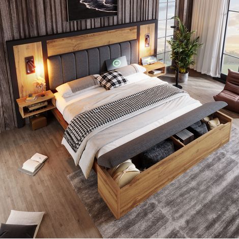 Bett 180x200 cm modern in Eiche, Metall & MDF mit Leinen-Kopfteil, Leselampen, Nachttischen mit USB-C und Stauraumbank (1/5)
