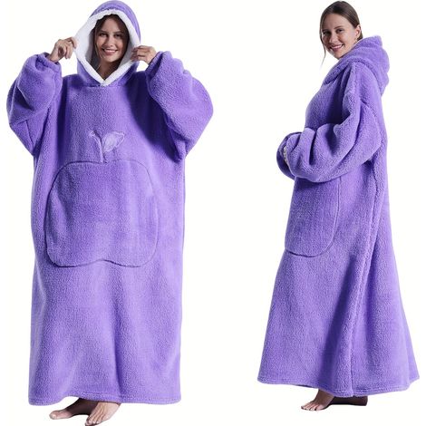 Peignoir chaud, épais et coupe-vent avec capuche Couverture en flanelle pour couples avec poche pomme, convient à une utilisation intérieure et extérieure ZX Violet Long (1/5)