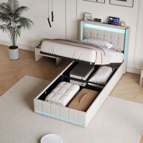 Cama Lit 90x200 cm, Cama Infantil 90x200 cm con Somier, Estructura de Cama 90x200 cm, Luces LED, Almacenamiento Hidráulico, Beige (1/5)