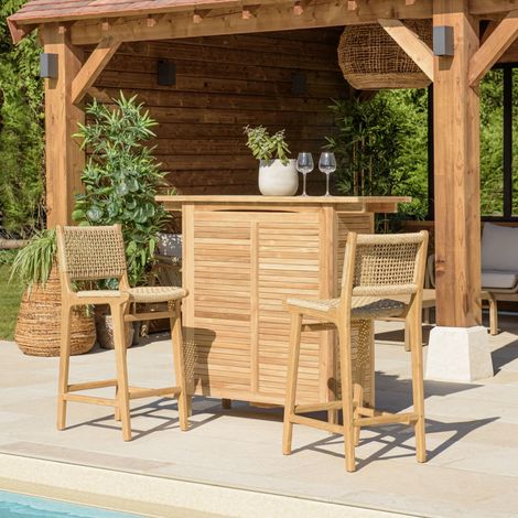 VALERIA - Lot de 2 tabourets bar de jardin en bois de teck rotin beige (1/5)