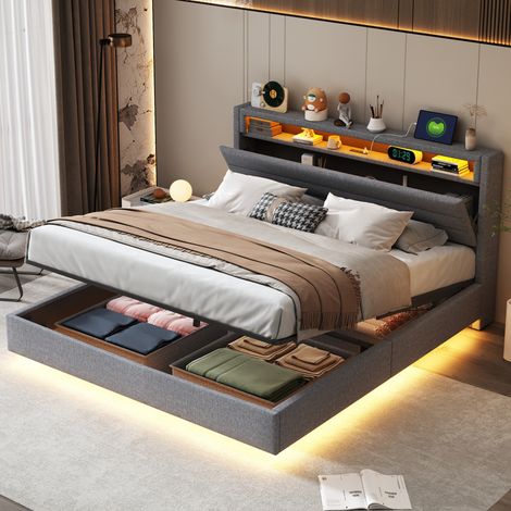 Lit coffre LED 160x200cm - lit double flottant avec sommier à lattes et tête de lit réversible avec prise USB - lin, gris (1/5)