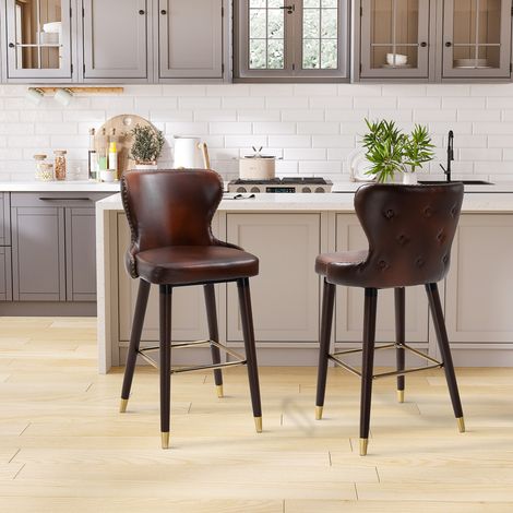 Tabouret de bar 2 pièces en bois marron, style vintage, dossier bas, 52 x 53 x 101 cm (1/5)