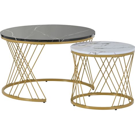 Ensemble de 2 tables basses gigognes rondes en MDF effet marbre avec cadre métal doré (1/5)