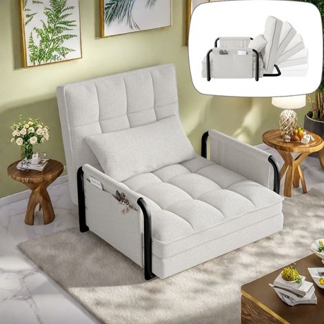 Verstellbarer Relaxsessel mit 5 Positionen, mit Armlehnen und Lendenkissen – Umwandelbarer Liegestuhl in ein Schlafsofa, weicher Plüschbezug – Beige