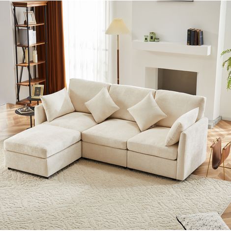 Divano angolare modulare convertibile a 3 posti con pouf mobile e 4 cuscini, beige DESVIAE (1/5)