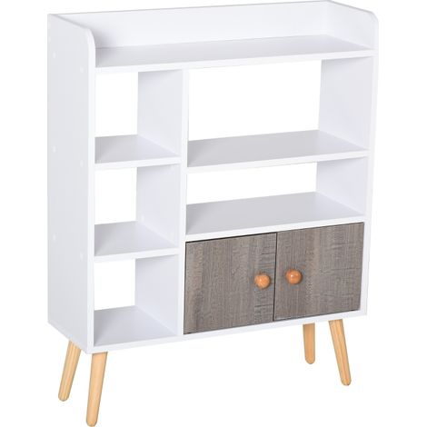 Bookcase, Freestanding Book Shelf with Storage Cabinet, 6 Shelves and Wood Legs for Home Office Display, White and Grey, 24D x 71.8W x 90.8H cm