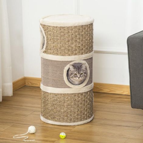 Tonneau à gratter pour chat arbre à chat sisal naturel et herbiers marins recouvert de peluche 37,5 x 37,5 x 70 cm kaki et café (1/4)