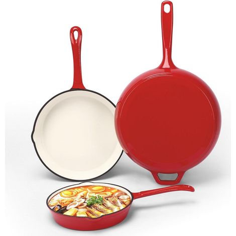 Emailliertes Gusseisen Bratpfannen-Set 3-teilig 20/24/28cm Rot Antihaft Gesund