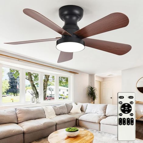 Petit ventilateur de plafond avec éclairage : ventilateur encastré de 35 pouces avec éclairage et télécommande - Ventilateurs de plafond à profil bas réversibles pour chambre à coucher, Noyer (1/5)