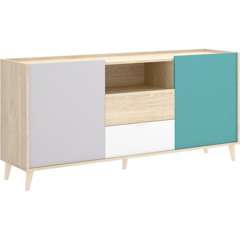 Dmora - Buffet Dmaje, Buffet de salon, Buffet de salon moderne avec 2 portes, 155x43h75 cm, Blanc et Chêne (1/5)