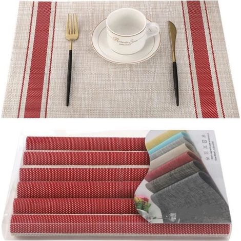Sets de Table,Sets de Tables PVC Lavables Antidérapant Résistant à l'usure à la Chaleur,Facile à Nettoyer et Stocker,6pcs,rouge (1/4)