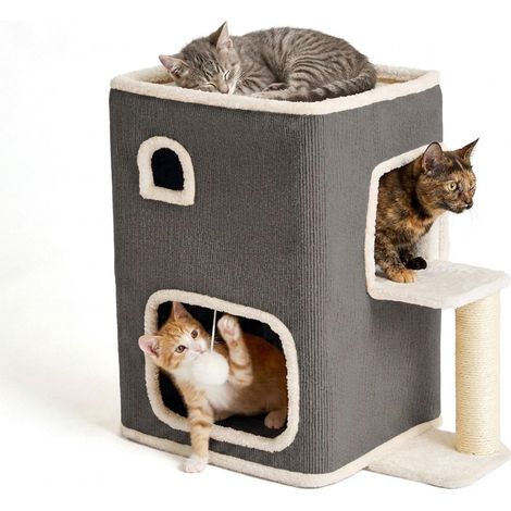 2-Storey Cat House with Sisal Post and Toys - Grey (1/5)
