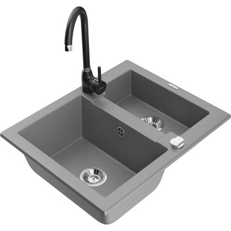 Mexen Carlos lavello in granito da 1,5 vasche con rubinetto da cucina Telma, grigio - 6518-71-670200-70 (1/5)