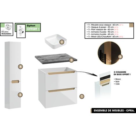 Ensemble complet de salle de bain - Meuble - Plan - Armoires - Miroir - Vasque à poser avec Siphon OFFERT OPRA 60 x 60 x 45 cm (1/5)