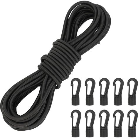 Corde élastique 6mm x 10m Noire avec 10 Crochets en Plastique – Sandow Extensible résistant aux intempéries pour bâche, remorque, tentes, Camping, Voile, Filet (1/5)