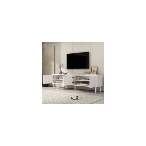 Meuble TV blanc moderne 180x40x52cm  Finition mate Gestion des câbles  Design minimaliste 4 compartiments de rangement (1/5)