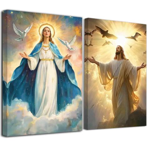 Lot de 2 toiles murales de Jésus et de la Vierge Marie Impressions sur toile de peintures à thème religieux Affiches pour décoration murale de salon chambre à coucher bureau (1/5)