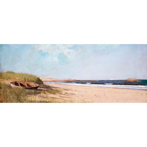 Tableau bord de mer pour chambre d'adulte | Tableau sur toile paysage mer et barque | Tableau bleu été nature idéal pour bureau - 1,0 x 0,4 m (1/2)