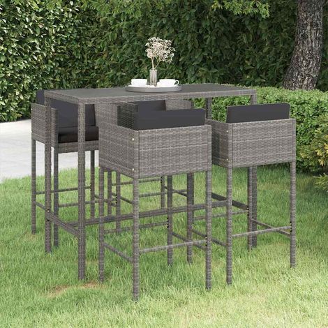Ensemble Table de bar + 4 Chaises de bar de jardin - Table Haute avec 4 Tabourets et coussins Résine tressée Gris BV896256 - BonneVie (1/5)