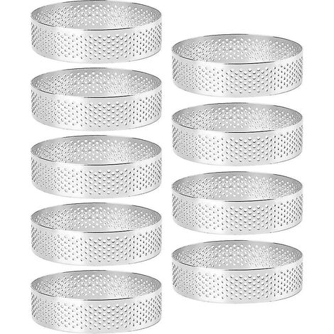 Set mit 9 runden Tarteringen, Mousseringen, perforierten Mousseringen aus hitzebeständigem Edelstahl, Metall--