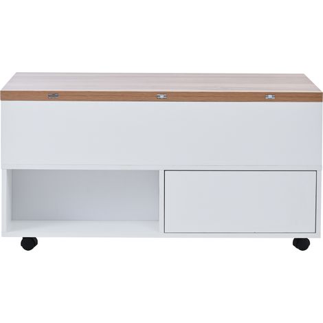 Tavolino da caffè elevabile con ruote 100 x 50 x 52 cm bianco e legno, 4 cassetti (1/5)