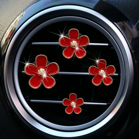 4 clips para rejilla de ventilación con forma de margarita, bonitos clips para el aire acondicionado del coche, ambientador, accesorio de decoración interior para mujer (rojo)