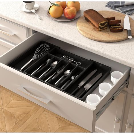 Boîte de rangement extra‑large noire pour tiroir à couverts, plateau extensible, organisation modulable pour ranger couverts et ustensiles de cuisine (1/5)