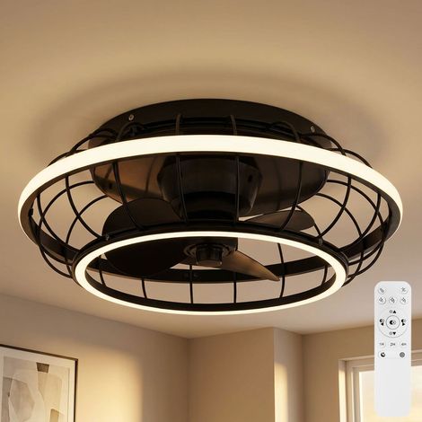 Deckenventilator schwarz Deckenlampe modern Wohnzimmerleuchte dimmbar, LED Ringe Fernbedienung CCT Timer, LED 30W 1300lm 2700-6500K, DxH 50x18 cm