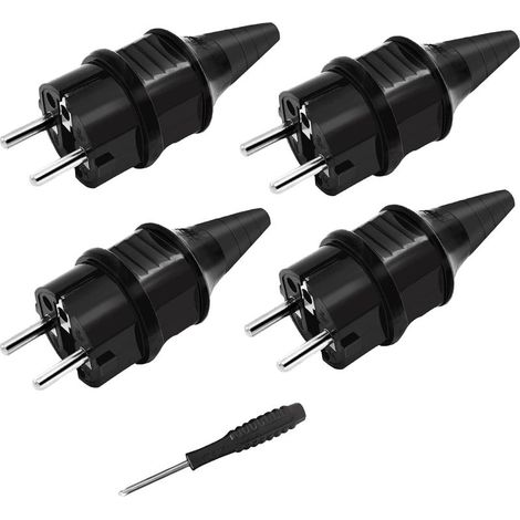 Fiche Schuko avec protection contre le pliage [4 pièces], 4 x fiches de contact de terre en caoutchouc (250 V/16 A) + 1 x tournevis, fiche de prise extérieure, fiche secteur IP44 étanche pour l'extéri (1/5)