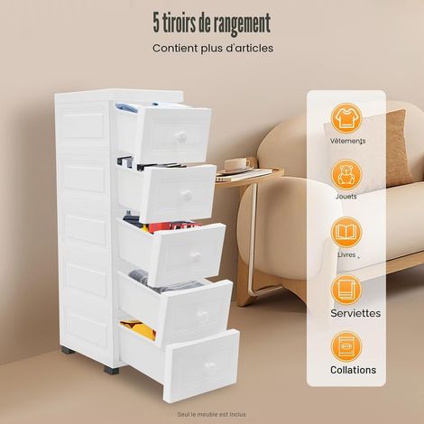 Meuble De Rangement 5 Tiroirs, Tour De Rangement Plastique Blanc, Chiffonnier Moderne Étanche, Armoire Tiroirs Cuisine Chambre Salle De Bain Bureau, Organisateur Multi-Usage, 25x34x82cm (1/5)