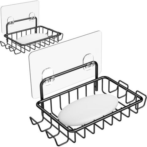 Porte-Savon Suspendu - Acier Inoxydable SUS304 - Sans Perçage - Avec Égouttoir Et 4 Crochets - Noir - Lot De 2 (1/5)