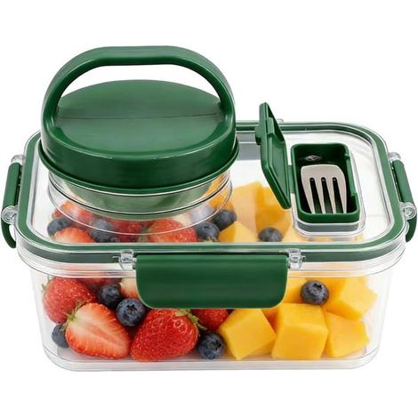 Saladier étanche de 1000 ml avec couvercle, portable, compartiment à vinaigrette, fourchette, compatible micro-ondes et lave-vaisselle. (1/5)