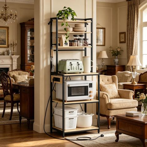 Meuble de cuisine avec prises, étagère de rangement 60 x 40 x 167 cm, noir et chêne clair OKMYHOME (1/5)