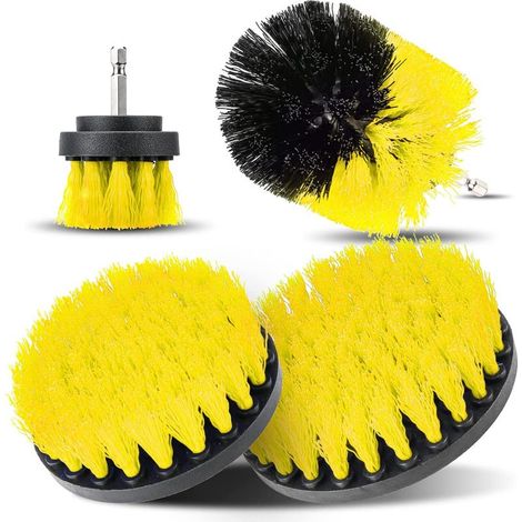 Brosse de Nettoyage pour Perceuse 4 Pièces, Brosse Rotative Nettoyage de 2' / 3,5' / 4' / 5' pour Perceuse Electrique Brosse Perceuse Nettoyage à Poil Moyen pour Carrelage (Jaune) (1/5)