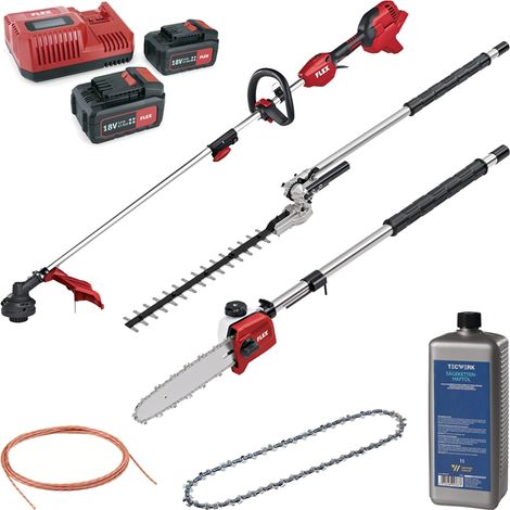 Flex Akku Garten Set 18V Hochentaster Heckenschere Rasentrimmer 2x5,0 Ah Akku Öl (1/5)