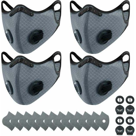 4 masques anti-poussière de sport + 12 filtres à charbon actif, réutilisables, respirants, activités de plein air, travail du bois, tonte et course, cyclisme gris- (1/4)
