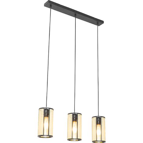 Oriental Pendant Light Black with Rattan 3-Light Elongated - Akira
