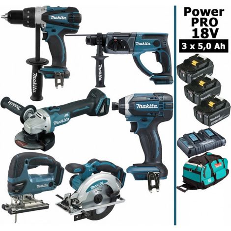 Pack Power PRO 6 outils 18V: DDF458 + DHR202 + DGA504 + DTD152 + DJV180 + DSS610 + 3 batt 5Ah + sac (1/5)