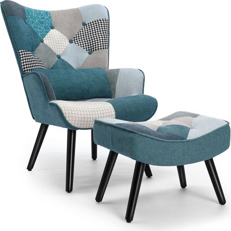 Skandinavischer Wohnzimmer-Sessel aus Patchwork-Canvas mit integriertem Hocker – Eleganz und Komfort (1/3)
