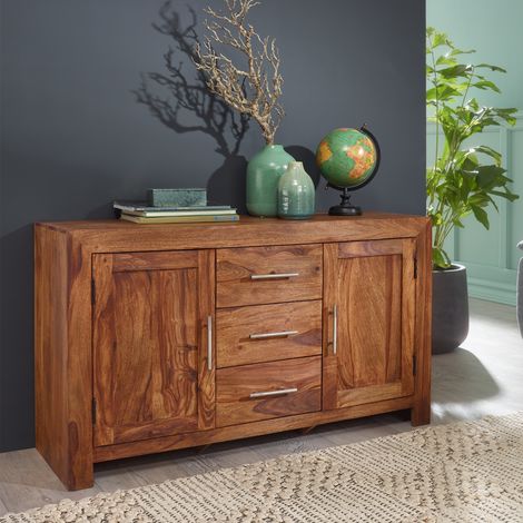 Buffet 2 portes 3 tiroirs 118x40x70 cm en sheesham massif (1/4)