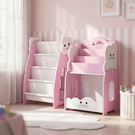 Meuble rangement enfant 3 à 8 ans, rangement jouets enfant modulaire avec porte-magazines à 4 étagères, rose (1/5)