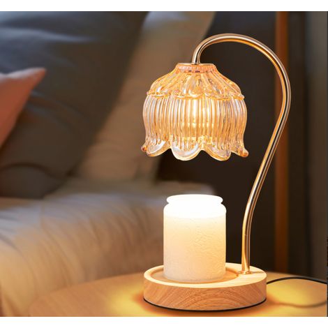 Lampe à fondre la cire parfumée, abat-jour en verre fleur, base en bois, gradable, sans flamme, pour chambre et salon,Or champagne (1/5)