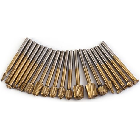 Set de 20 Fraises Rotatives HSS Revêtement Titane Tige 3,17mm pour Bois Plastique Sculpture Ébavurage Précision (1/5)