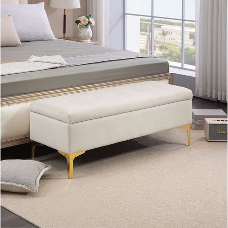 Banc coffre salon assise capitonnee metal beige 120 cm chambre adulte OKMYHOME (1/5)