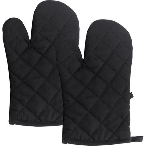 Paire de gants de cuisine noirs, résistants à la chaleur, en coton isolant, pour cheminée, barbecue, four à bois et pâtisserie (1/2)