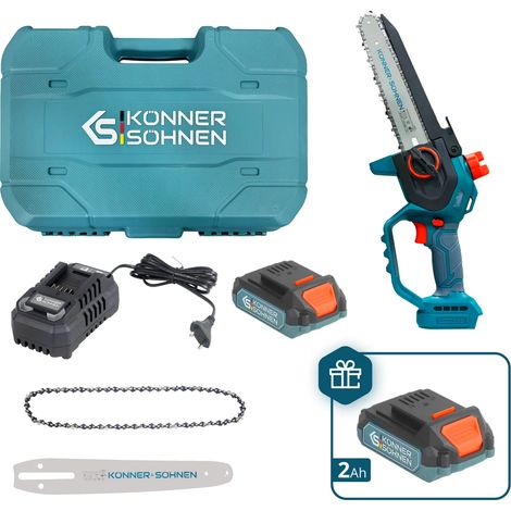 Könner & Söhnen KS MCS20V-8 CASE PLUS Mini-Kettensäge: 20cm Schwert, Bürstenloser Motor, 2× 2Ah Akkus, 2 Ketten, 2 Schwerter & Koffer (1/5)