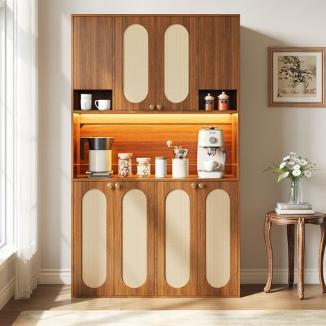 Buffet haut 106x40x178 cm, 8 portes, LED réglable, naturel, MDF avec décor PE rotin, FloraGrace (1/5)