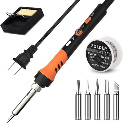Fer à souder, 60W Fer à souder électrique Ensemble de soudure de précision avec interrupteur marche/arrêt Température réglable 200 450 ℃ 5 pannes à souder, fil à souder, support de fer à soud (1/5)