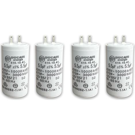 Condensateurs pour réparation de moteur de volet roulant SOMFY, SIMU - Condensateur cylindriques à 2 cosses Faston 2,8 - spécial remplacement - pour moteur de volet. - 5,5 uF - Lot de 4